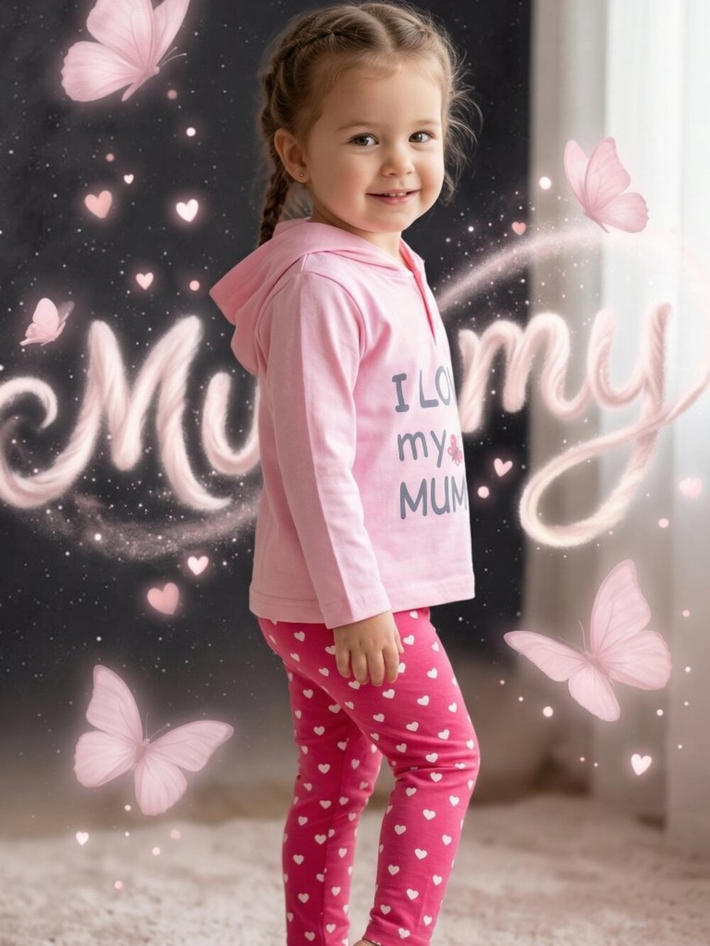 I Love My Mummy" Pink Butterfly Hoodie Set - Heart Print Leggings